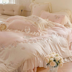 Princess-style Milk Velvet Duvet Cover Set with Lace Trim