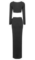 LONG SLEEVE FLOWER HIGH SPLIT MAXI DRESS IN BLACK