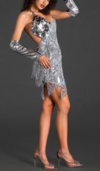 PATCHWORK FRINGE SEQUIN MINI DRESS