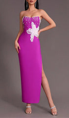 PURPLE BEADED STRAPLESS SIDE SLIT BANDAGE DRESS