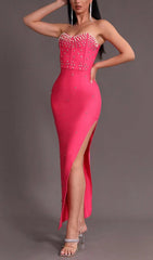 RED BEADED STRAPLESS SIDE SLIT BANDAGE DRESS