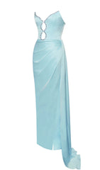 BLUE SATIN CRYSTAL EMBELLISHED HIGH SLIT GOWN
