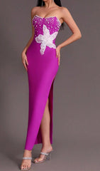 PURPLE BEADED STRAPLESS SIDE SLIT BANDAGE DRESS