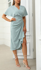 SOLID BATWING SLEEVE WRAP HEM DRESS