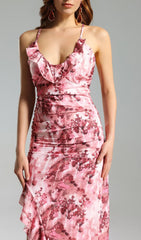 FLORAL RUFFLED SKEW DRESS