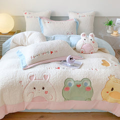 Cute Cartoon Animal Embroidery Lamb Fleece Duvet Cover Set