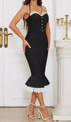 BLACK LACE BUTTON FRONT MERMAID HEM BANDAGE DRESS