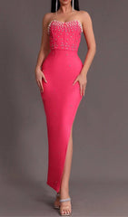 RED BEADED STRAPLESS SIDE SLIT BANDAGE DRESS
