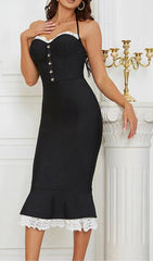 BLACK LACE BUTTON FRONT MERMAID HEM BANDAGE DRESS