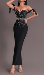 PEARL EMBELLISHED BACKLESS BODYCON MAXI DRESS
