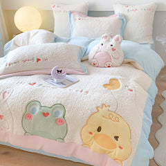 Cute Cartoon Animal Embroidery Lamb Fleece Duvet Cover Set