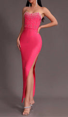 RED BEADED STRAPLESS SIDE SLIT BANDAGE DRESS
