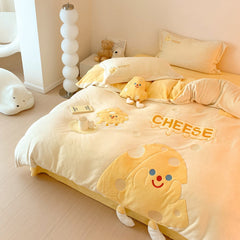 Cute Cartoon Cheese Embroidery Milk Velvet Duvet Cover Set