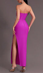PURPLE BEADED STRAPLESS SIDE SLIT BANDAGE DRESS