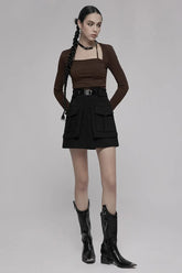 WomenCollect Waist A Line Black Half Personality Casual Mini Functional Buckle Decoration Skirt