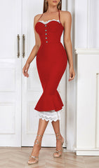 RED LACE BUTTON FRONT MERMAID HEM BANDAGE DRESS