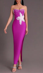 PURPLE BEADED STRAPLESS SIDE SLIT BANDAGE DRESS
