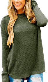 WomenLong Sleeve Oversized Crew Neck Solid Color Knit Pullover Sweater Tops