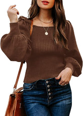 Sweaters Casual Long Lantern Sleeve Square Neck Ruffle Knit Pullovers Tops