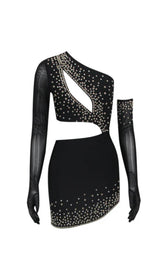 ONE SHOULDER PEARL CUTOUT BANDAGE DRESS