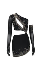 ONE SHOULDER PEARL CUTOUT BANDAGE DRESS