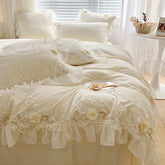 French-style Princess Floral Embroidery Milk Velvet Lace Bedding Set with Lace Trim