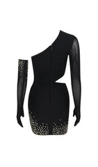 ONE SHOULDER PEARL CUTOUT BANDAGE DRESS