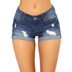 Woemnlow rise cuffed denim shorts distressed ripped jeans shorts