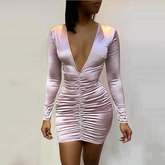 Deep v-neck ruched design satin dress