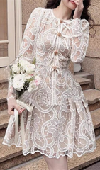 DIAMOND BUTTON BOW LACE HOLLOW OUT MINI DRESS