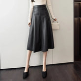 A-line Leather Splicing High Waist For Office Mid-length Female Autumn Winter PU Umbrella Skirt