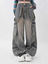 Y2k Vintage Waist Wide Leg Denim Trousers Streetwear Casual Pockets Pants