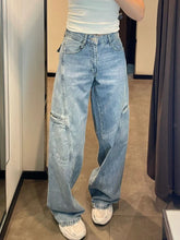 Cargo Jeans Fashion Blue Wide Leg High Waist Denim Pants