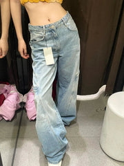Cargo Jeans Fashion Blue Wide Leg High Waist Denim Pants