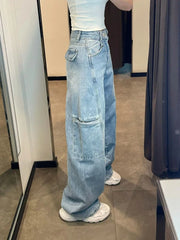 Cargo Jeans Fashion Blue Wide Leg High Waist Denim Pants
