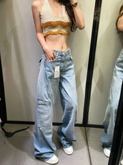 Cargo Jeans Fashion Blue Wide Leg High Waist Denim Pants