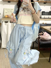 Cargo Pants Blue Y2K Loose Pocket Embroidery Wide Leg Sport Pants