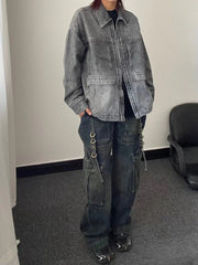 Waist Cargo Jeans Y2k Vintage Loose Zipper Pockets Patchwork Streetwear Pants
