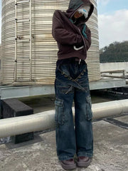 Waist Cargo Jeans Y2k Vintage Loose Zipper Pockets Patchwork Streetwear Pants