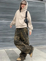 Leopard Waist Cargo Jeans Y2k Vintage Pockets Wide Leg Denim Pants