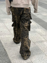 Leopard Waist Cargo Jeans Y2k Vintage Pockets Wide Leg Denim Pants