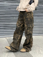 Leopard Waist Cargo Jeans Y2k Vintage Pockets Wide Leg Denim Pants