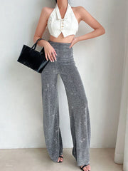 Vintage High Waist Stretch Wide Leg Glitter Rhinestone Bling Diamond Pants