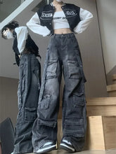 Fashion Multi-pocket Design Street Jeans Wide Legs Loose Washed Old Pants