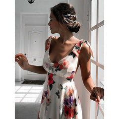 Floral Print Vacation Sleeveless V-Neck Backless Beach Dress