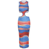 Colorful Print Vacation Long Dresses Cut Out Sleeveless Bodycon Dress