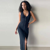 Vacation Button Up Split V Neck Sleeveless Long Dress