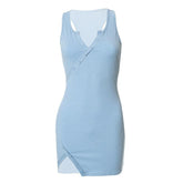 Split Button Sleeveless V Neck Bodycon Mini Dress