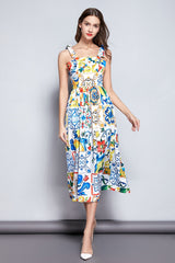 Summer Dress WomenBow Spaghetti Strap Gorgeous Floral Print Midi Cotton Dress
