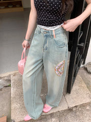 Embroidery WomenSpring Summer High Waist Loose Vintage Straight Jeans